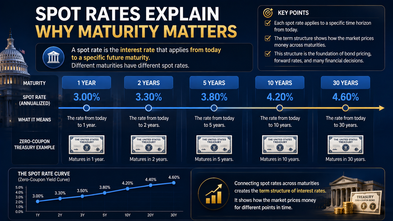 Spot rates by maturity forming the U.S. Treasury zero-coupon yield curve