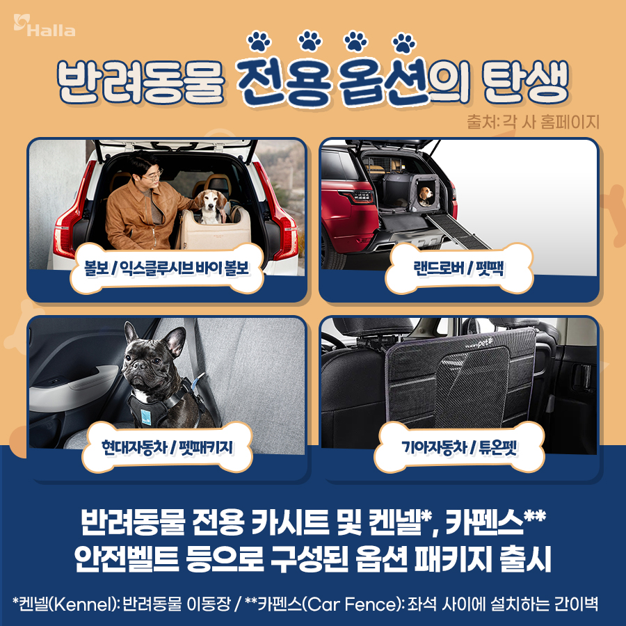 반려동물 전용 옵션의 탄생
1. 볼보: 익스클루시브 바이 볼보
2. 랜드로버: 펫팩
3. 현대자동차: 펫 패키지
4. 기아자동차: 튜온펫
반려동물 전용 카시트 및 켄넬*, 카펜스**, 안전벨트 등으로 구성된 옵션 패키지 출시
*켄넬(Kennel): 반려동물 이동장
**카펜스(Car Fence): 좌석 사이에 설치하는 간이벽
