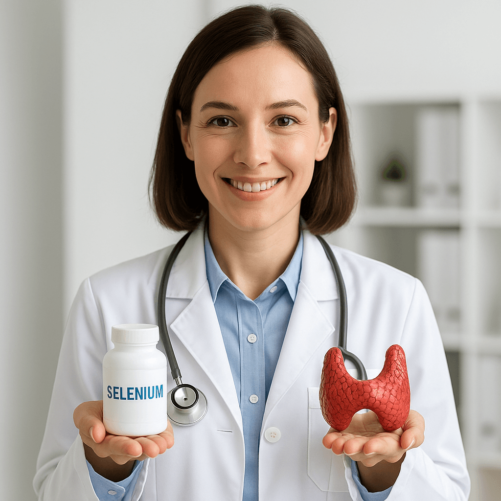 여성 의사가 셀레늄 보충제 병과 갑상선 모형을 손에 들고 미소 짓고 있는 모습(출처**자체제작)