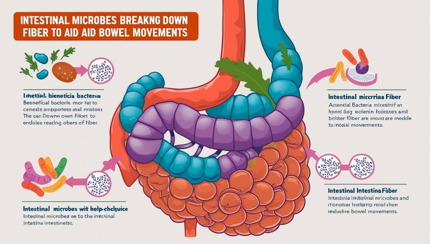 장내미생물이 섬유질을 분해해 장 운동을 촉진시키는 과정을 그린 그래픽