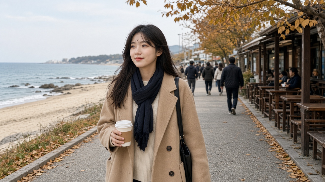 안목해변 카페거리에서 커피를 들고 걷는 20대 한국인 여성