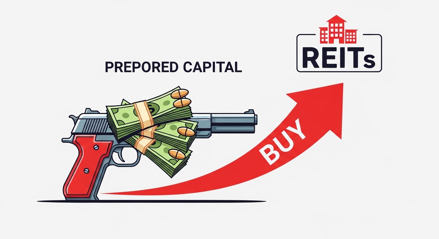 현금 다발이 채워진 권총 아이콘과, 그 옆에 'BUY'라고 쓰인 리츠 ETF 아이콘이 대비되는 일러스트