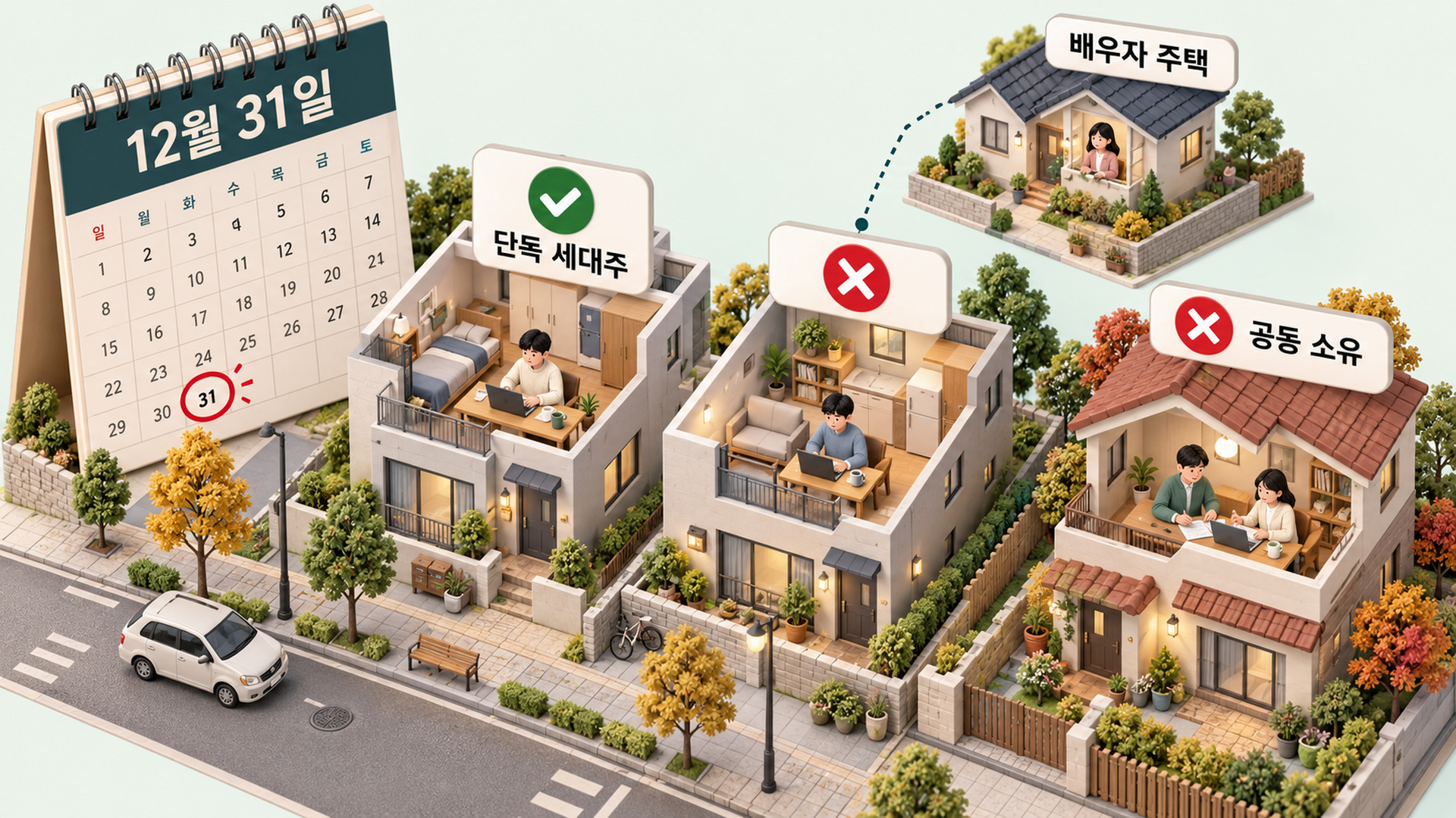 12월 31일 달력 앞에서 세대원 주택 보유로 갈리는 세 집