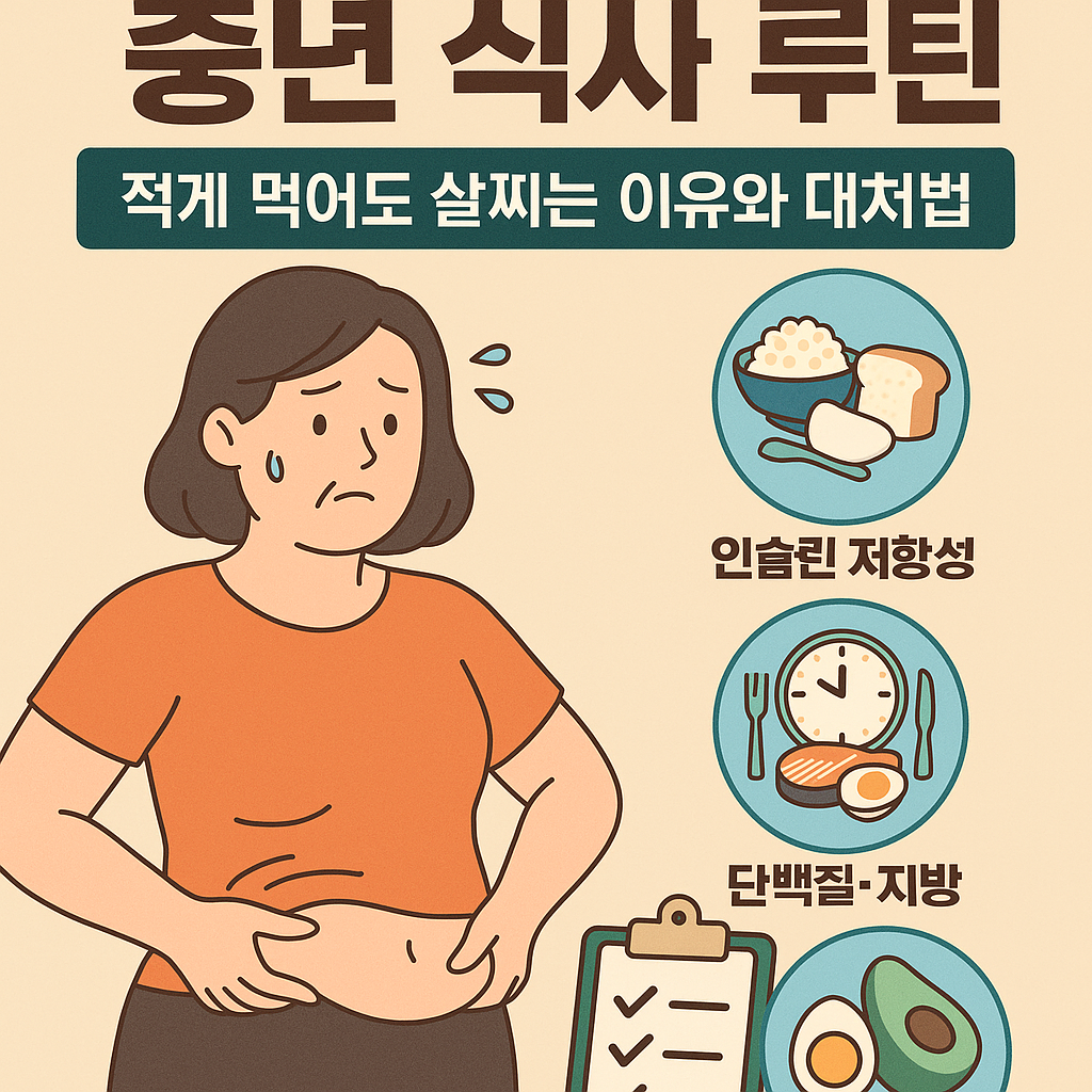 중년 여성이 건강한 식사 루틴을 실천하는 장면 – 식단 표, 단백질 식사, 시계, 당 지수 아이콘으로 구성된 인포그래픽 스타일 일러스트