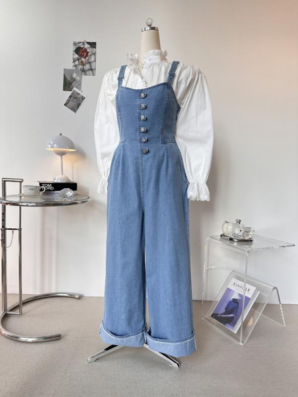 어깨끈 뒷밴딩 데님 오버롤 멜빵바지 점프수트