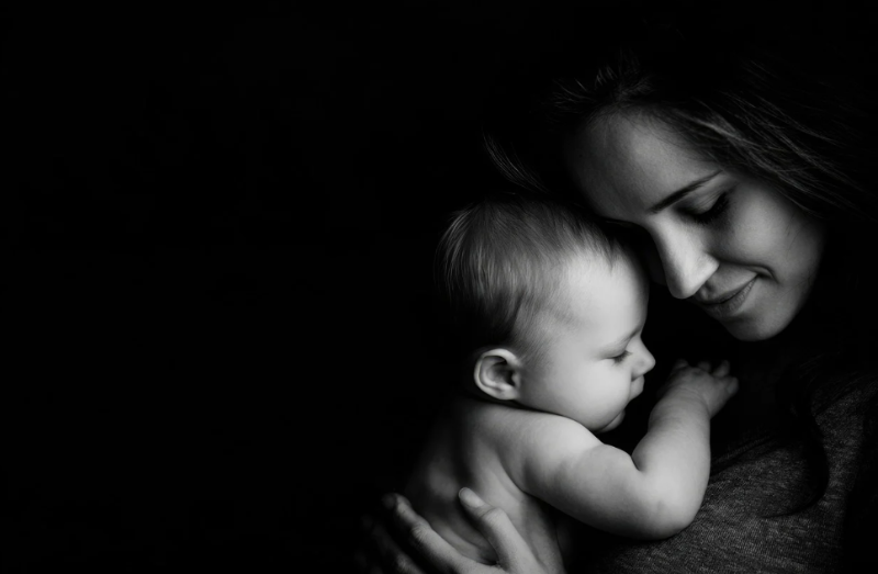 어머니가 아기를 품에 안고 미소 짓는 모습, 따뜻한 돌봄과 사랑을 표현한 장면