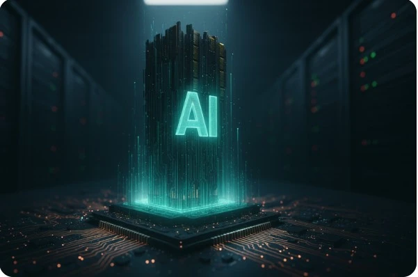 AI 구조물이 회로 기판 위에서 빛나는 모습