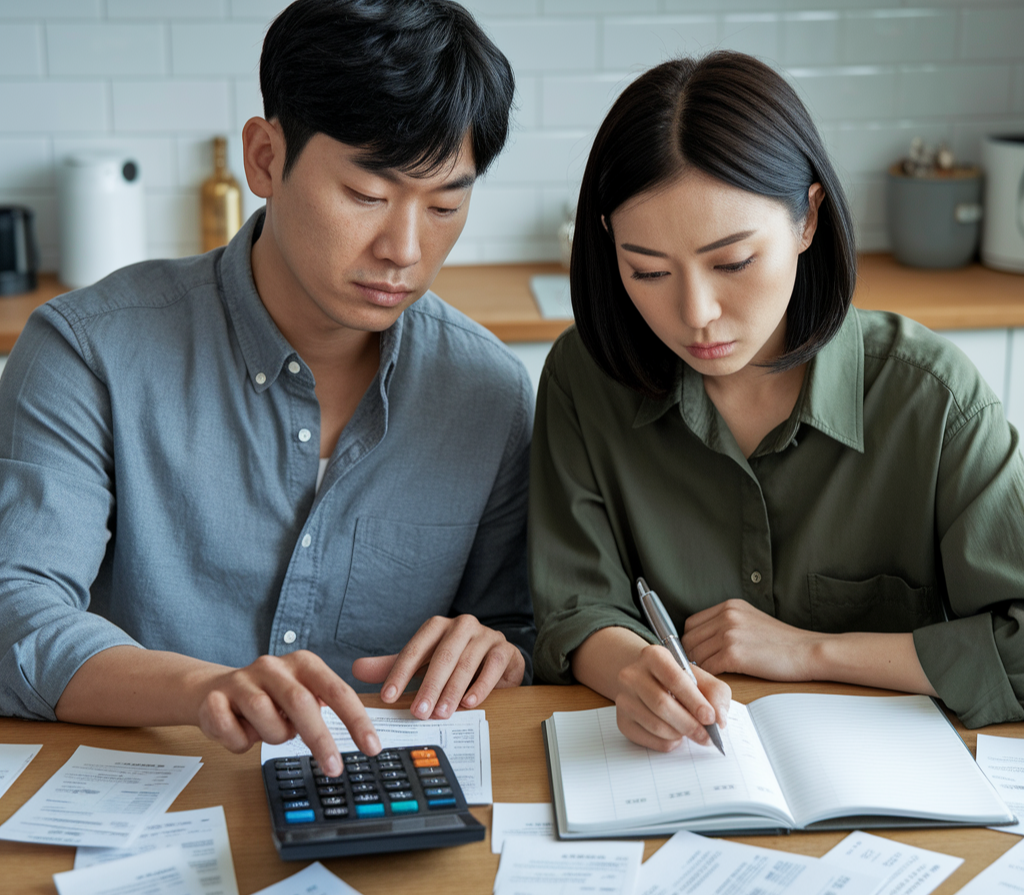 영수증과 계산기를 가지고 가계부를 적는 부부