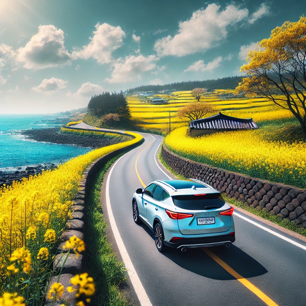 제주도 해안도로를 따라 드라이브하는 차량, 유채꽃과 바다가 어우러진 풍경