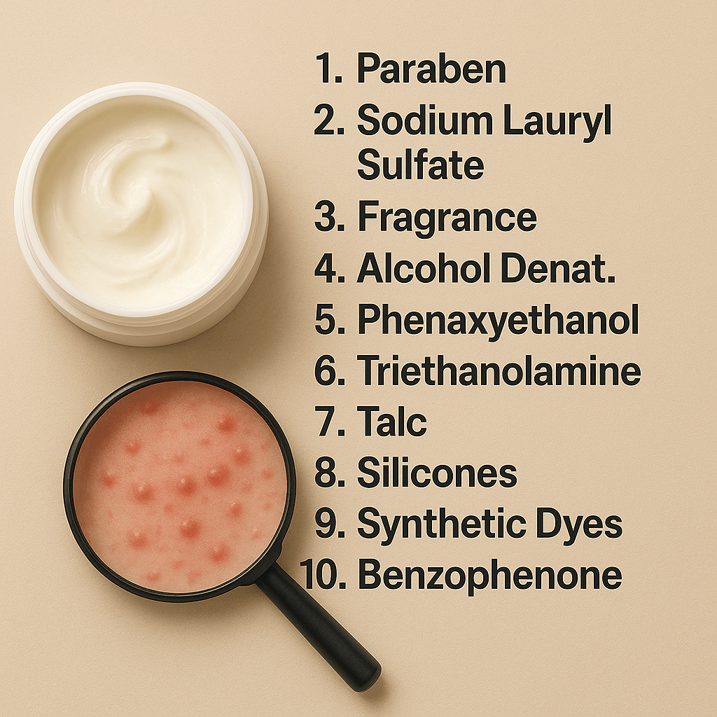 피부트러블 유발 화장품 성분과 화장품,트러블 모습을 표현한 이미지