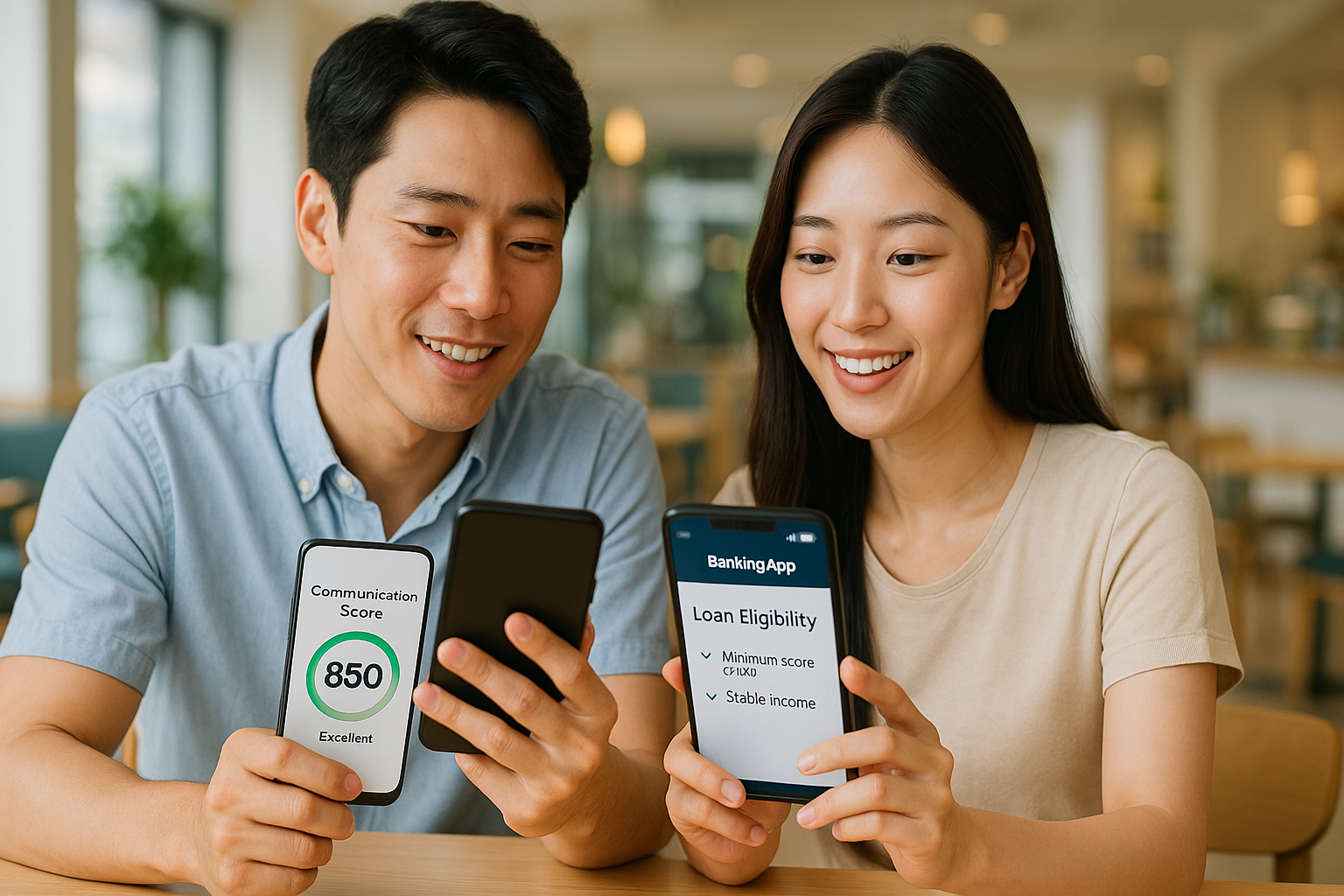 스마트폰으로 통신등급을 조회하며 은행 앱에서 대출 신청 조건 확인