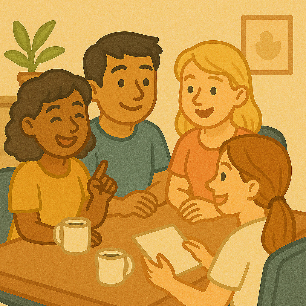 외국인들이 카페에 모여 이야기 나누고 있다