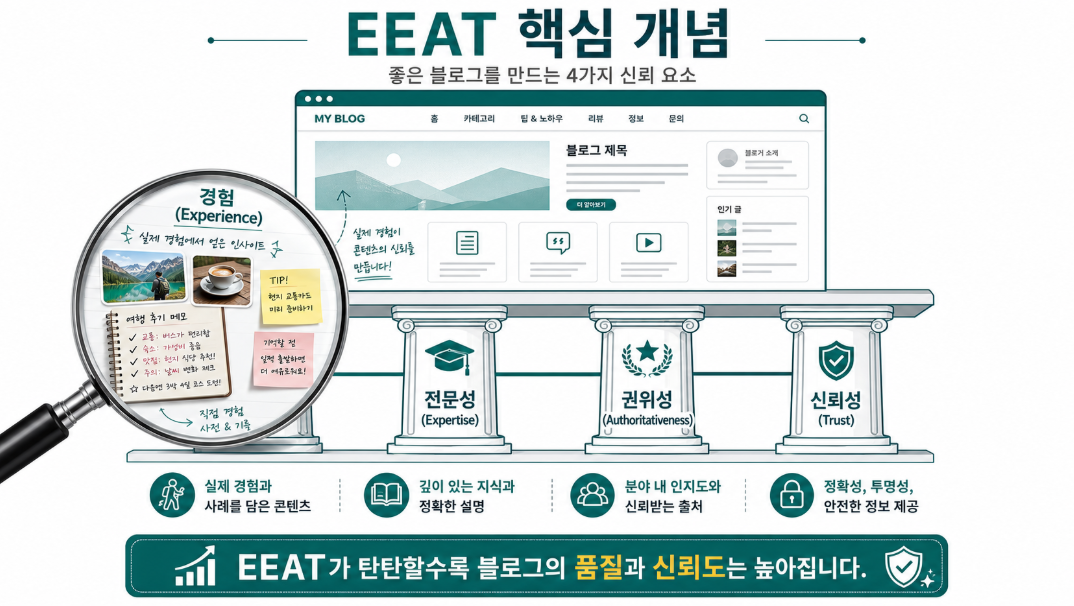 구글이 강조하는 EEAT 품질 평가 지표와 경험 기반 콘텐츠의 중요성을 설명하는 인포그래픽