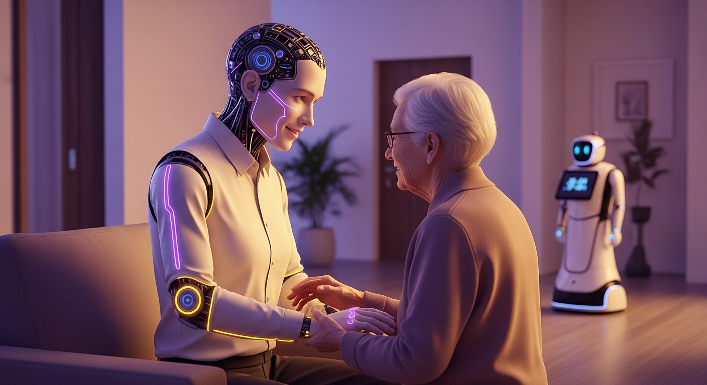 현대적인 가정에서 노인에게 도움을 주는 부드러운 미소의 AI 휴먼과 서비스 로봇. 인간과 AI의 조화로운 상호작용을 보여줍니다.