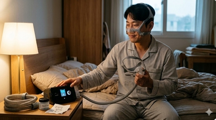 얼굴의 압박 자국과 옆에 놓인 기기가 적응의 어려움을 보여줌.