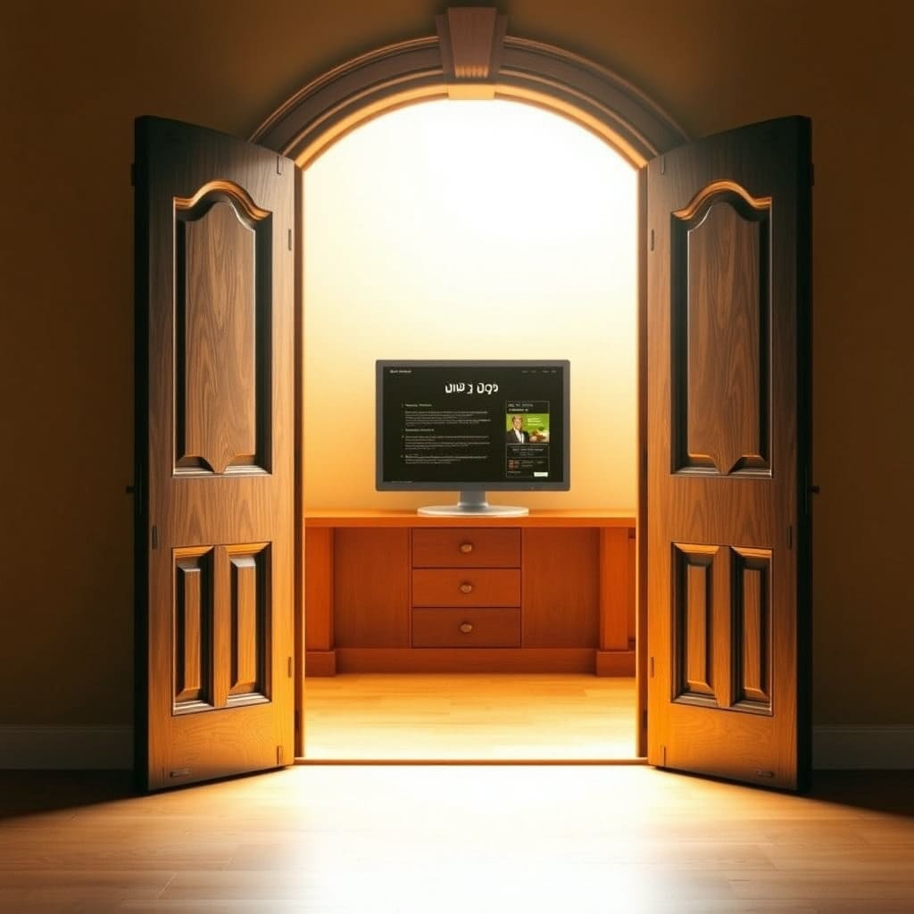 고풍스러운 나무 문이 활짝 열려 있고, 그 문 너머로 현대적인 컴퓨터 화면이 밝게 빛나고 있는 장면을 연출합니다. 컴퓨터 화면에는 '조상 땅 찾기 서비스' 웹페이지가 보이며, 전체적으로 따뜻하고 희망찬 분위기를 담아냅니다.