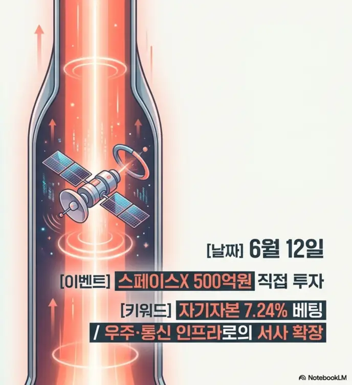한미반도체 주가 전망: 한미반도체가 6월 12일 스페이스X에 500억원을 직접 투자한 내용을 담은 이미지. 자기자본 7.24% 규모의 베팅과 우주·통신 인프라로의 서사 확장을 시각적으로 전달하며, 한미반도체 주가 전망의 미래 모멘텀을 설명함