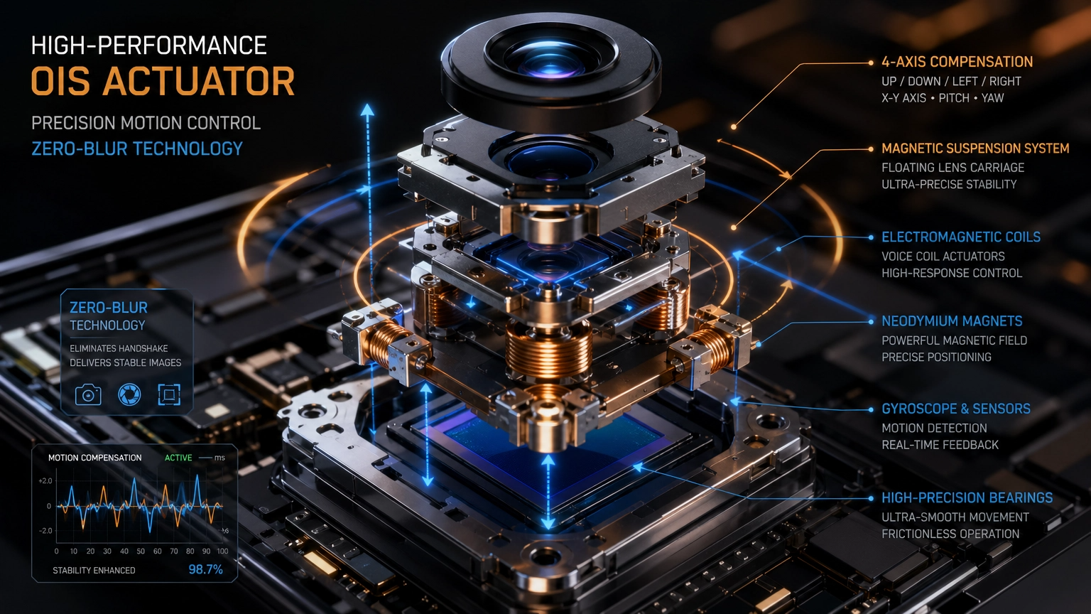 스마트폰 카메라의 손떨림 방지를 책임지는 핵심 부품인 OIS(광학식 손떨림 방지) 액추에이터의 정밀 구조를 시각화한 이미지입니다.
이미지 주요 특징:
초정밀 액추에이터 구조: 렌즈를 미세하게 이동시키는 보이스 코일 모터(VCM), 강력한 네오디뮴 자석, 그리고 마찰을 최소화하는 정밀 베어링 시스템의 내부 구조를 디테일하게 묘사했습니다.
4축 보정 메커니즘: 상하좌우 및 피치/요(Pitch/Yaw) 방향의 흔들림을 실시간으로 감지하고 보정하는 움직임을 역동적인 화살표와 빛의 경로로 표현했습니다.
지능형 제어 시스템: 자이로 센서와 연동되어 흔들림을 98.7% 이상 억제하는 실시간 피드백 그래프와 디지털 오버레이를 통해 기술적 신뢰도를 강조했습니다.
제로 블러(Zero-Blur) 기술: 어두운 환경이나 움직이는 상황에서도 흔들림 없는 선명한 이미지를 구현하는 초고사양 비메모리 제어 기술력을 시각화했습니다.