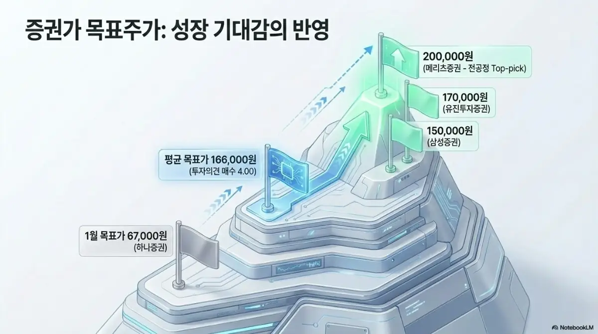 테스 목표주가에 대한 증권가 상향 흐름을 보여주는 이미지. 1월 하나증권 6만7천원에서 평균 목표가 16만6천원, 메리츠증권 20만원까지 오른 추이를 시각화했으며, 성장 기대감이 반영된 테스 목표주가 전망을 설명함