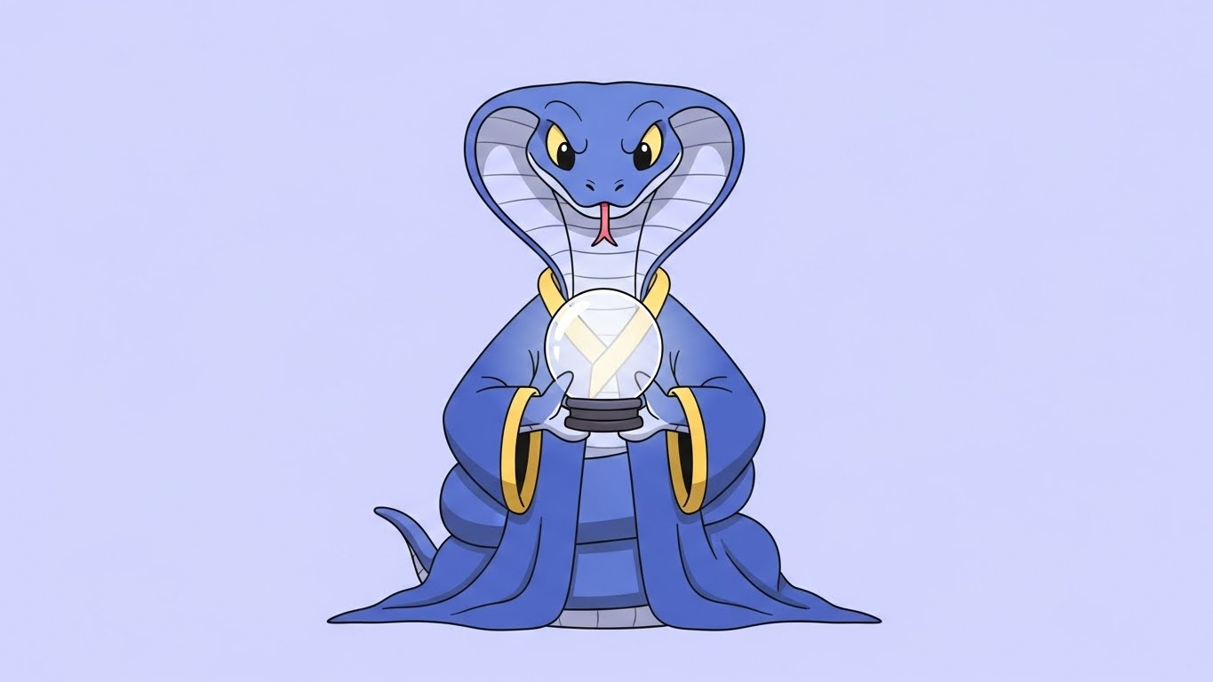 수정구슬을 보며 통찰력을 발휘하는 현명한 뱀 캐릭터의 2D 플랫 벡터 일러스트