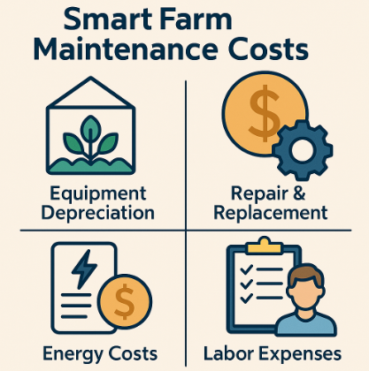 스마트팜 유지비를 장비 감가상각, 수리·교체비, 에너지 비용, 인건비로 구분한 아이콘형그래픽