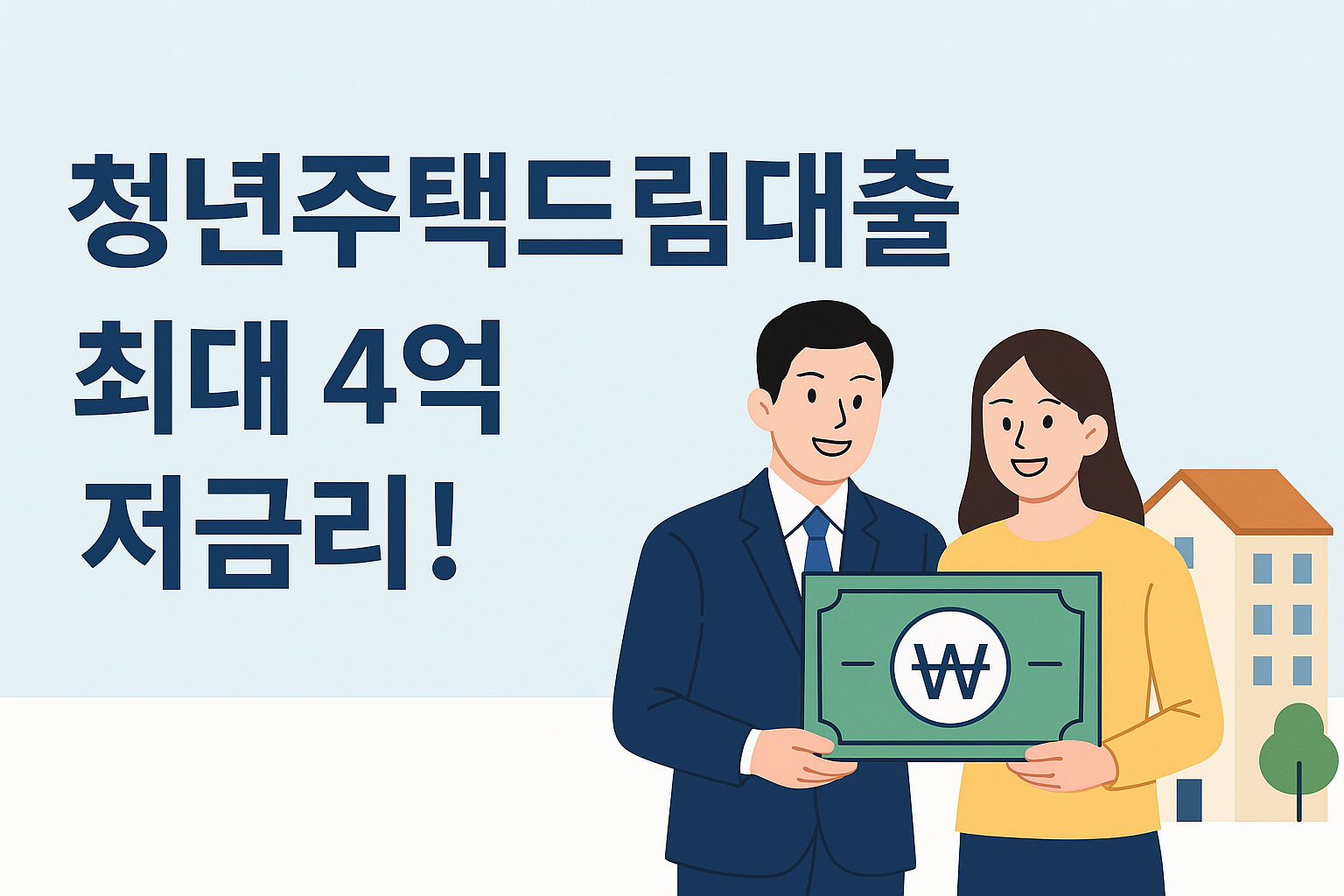 청년주택드림대출 안내 문구와 함께 청년 부부가 대출 증서를 들고 있는 일러스트