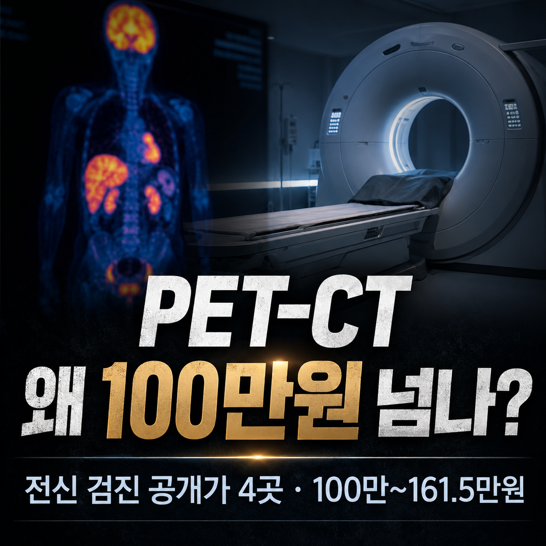 PET-CT 비용 전신 100만~161.5만원의 검진 공개가격 4곳 사례와 건강보험 기준을 안내하는 정사각형 대표이미지