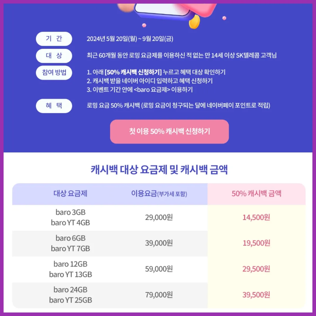 SK 로밍 가격 바로 로밍 요금제 50%할인 신청방법