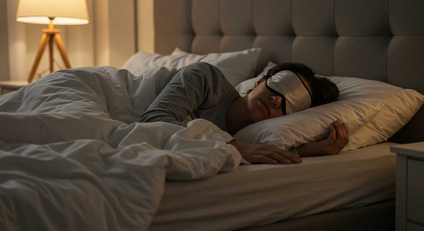 편안한 침대에서 안대를 끼고 깊은 잠에 빠져있는 사람의 모습. 평화롭고 안정적인 느낌을 주는 사진