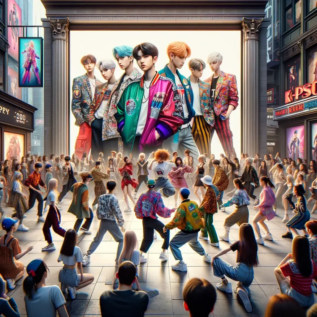 K-Pop Dance Academy 교실 안의 활기 넘치는 장면을 묘사한 이미지입니다.