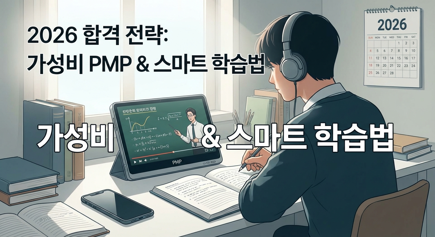 2026년 합격을 목표로 책상에 앉아 PMP로 인터넷 강의를 들으며 열심히 필기하고 있는 수험생의 모습. 화면에는 '양질교육의 시작' 강의가 재생되고 있고 벽에는 '2026 합격' 달력이 걸려있다.