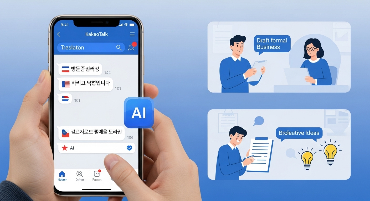 카카오톡에서 AI가 외국어 메시지를 번역하고 비즈니스 메시지 초안 작성을 돕는 모습. 일상 대화와 업무 생산성을 높이는 AI 활용 장면입니다.