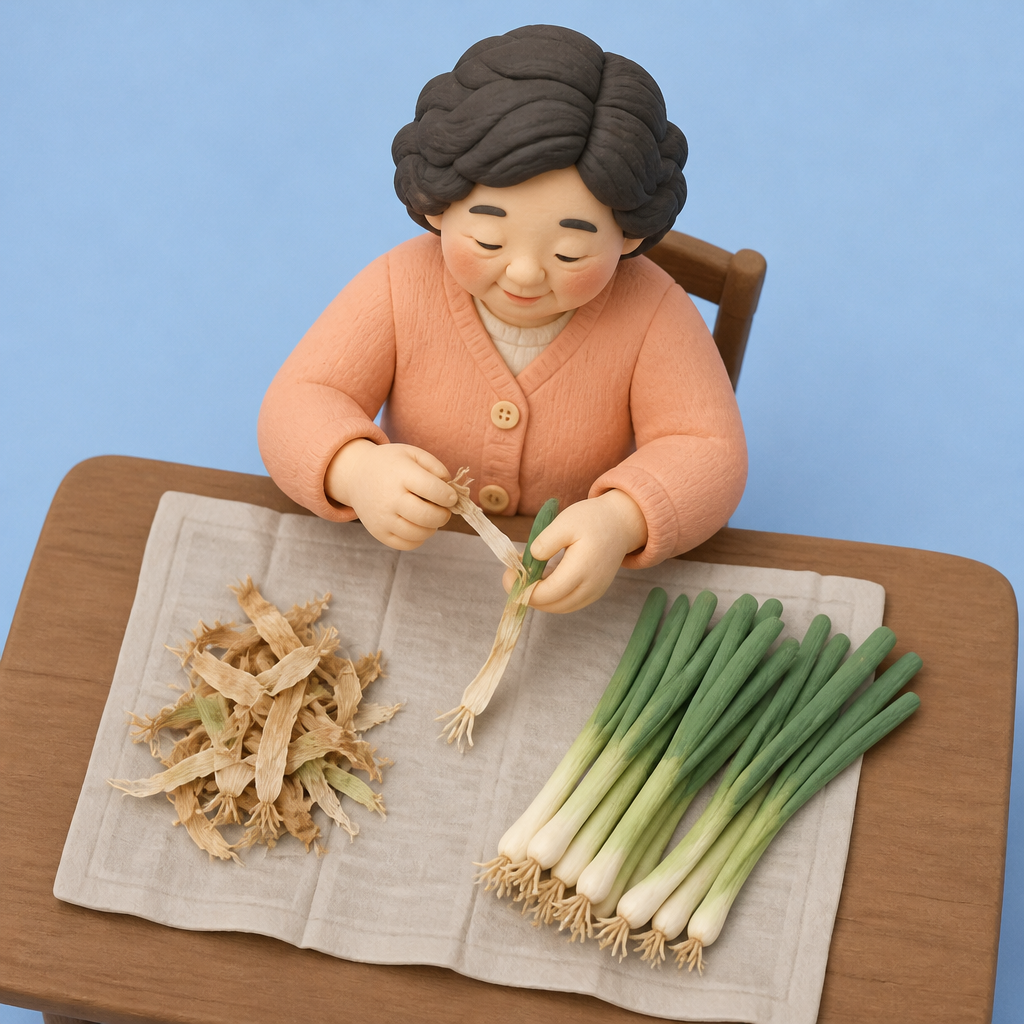 신문지를 깐 식탁에서 대파 뿌리와 겉잎을 정리하는 60대 여성
