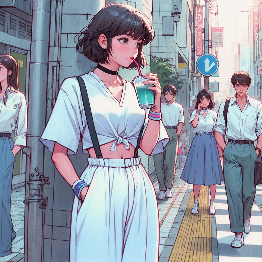 멜빵과 흰 셔츠, 느슨한 바지를 입은 소녀가 빨대를 꽂은 컵을 들고 마시고 있는 일러스트 이미지. 배경에는 다른 소년 소녀들이 나와 있다.