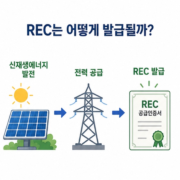 태양광발전으로 전기를 생산하고 공급한 뒤 REC 공급인증서를 발급받는 기본 구조를 보여주는 이미지