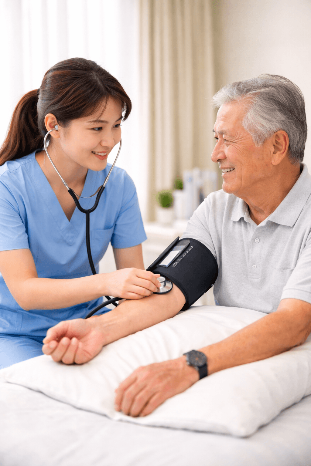 간호사가 환자 혈압 측정하는 모습