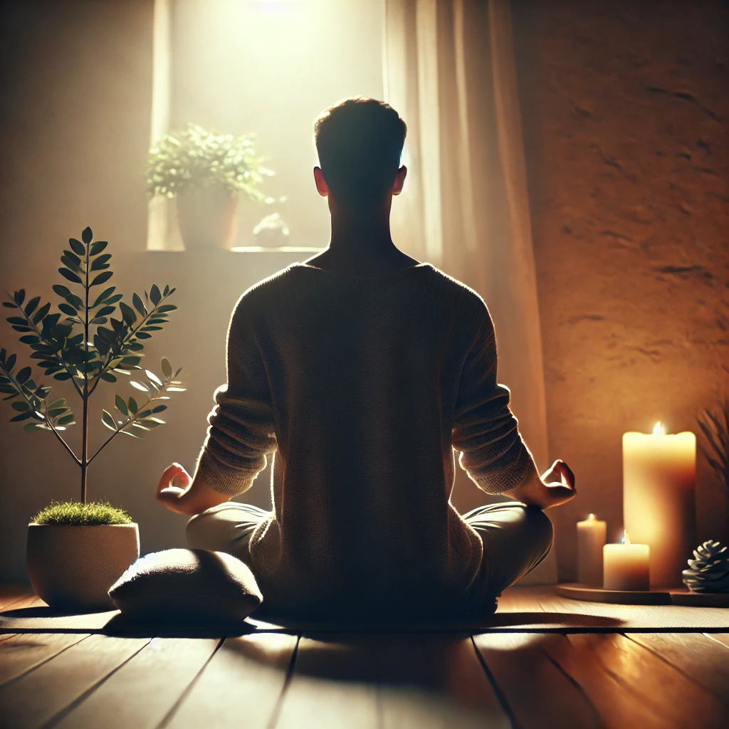 조용한 방에서 명상으로 마음을 돌보는 모습