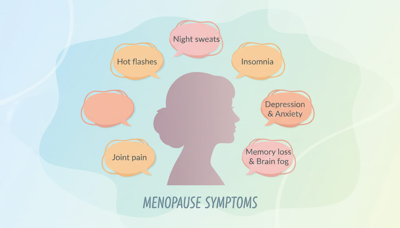 안면홍조,땀·야간 발한,불면,우울·불안 등 다양한 갱년기 증상을 한눈에 보여주는 이미지