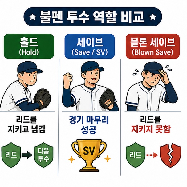 불펜 투수의 역할을 나눠 홀드와 세이브, 블론 세이브의 차이를 설명하는 이미지