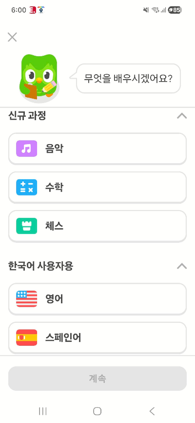 듀오링고에서 제공하는 언어 및 과정을 캡처한 사진