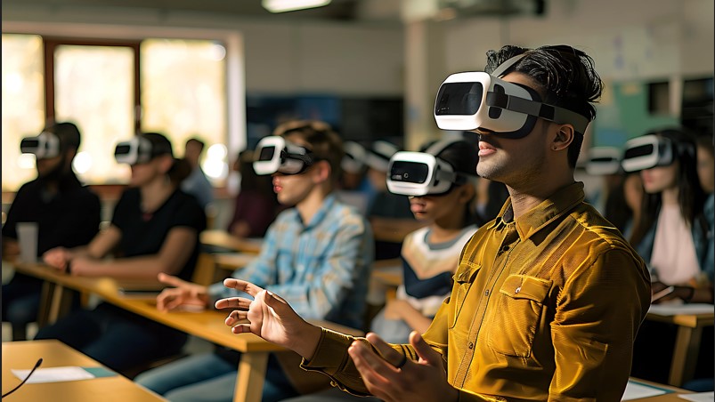 교실에서 학생들이 3D안경, VR고글을 쓰고 미래에 대한 수업을 하고 있는 사진