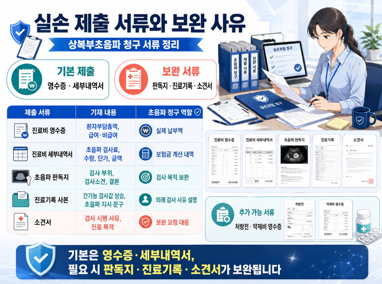 상복부초음파 실손 청구에 필요한 영수증, 세부내역서, 판독지, 진료기록 사본, 소견서 역할을 정리한 서류 안내 인포그래픽