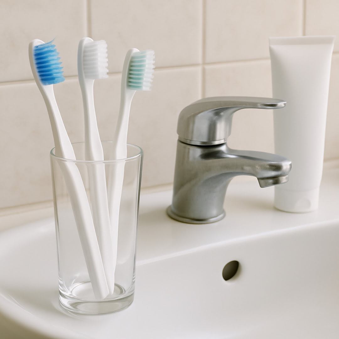 세개의 칫솔이 담긴 컵과 치약이 세면대위에 놓여 있는 사진