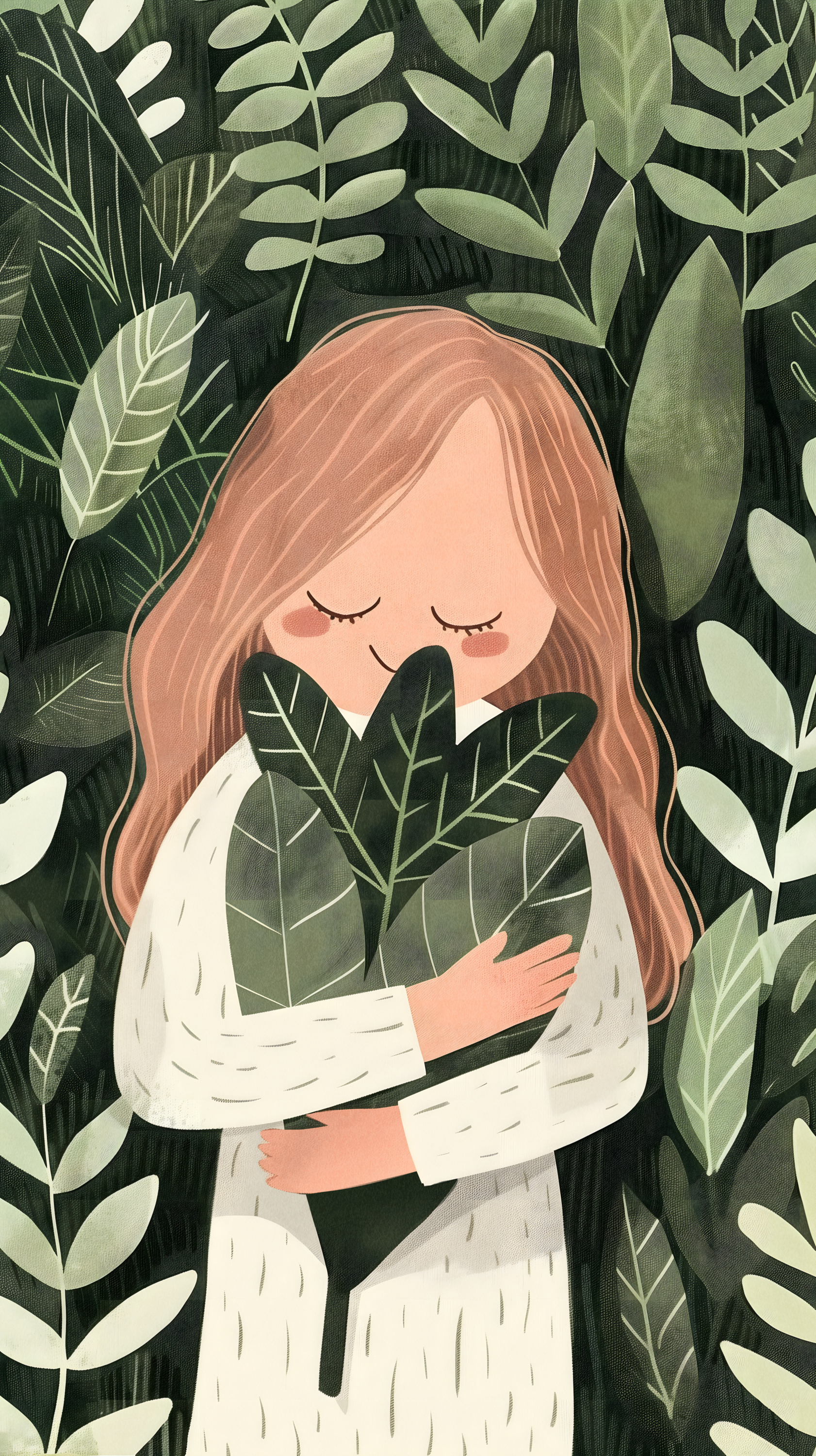 여자아이가 풀숲안에서 나뭇잎을 안고 눈을 감은 모습의 일러스트 이미지