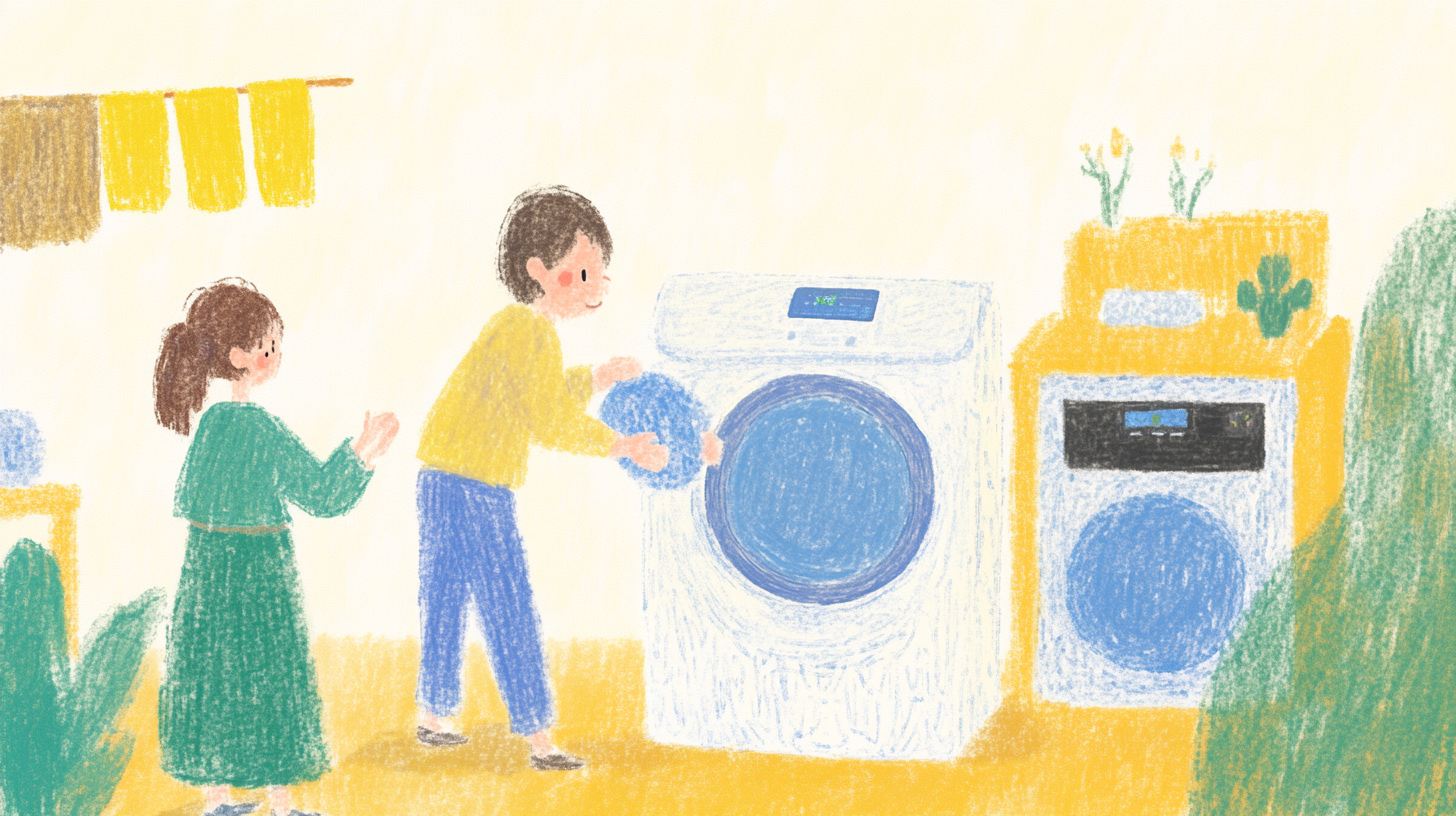 삼성 세탁기의 대용량과 스마트 홈 기능을 사용하는 가족을 묘사한 이미지로, 가족 단위의 효율적인 세탁 경험을 강조하는 장면.