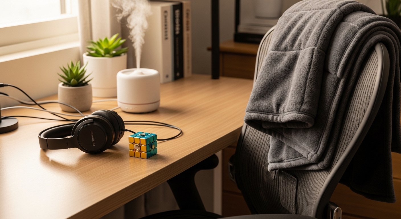 소음 제거 헤드폰, 피젯 토이, 아로마 디퓨저 등 감각 조절 도구들이 놓인 차분하고 정돈된 책상.
