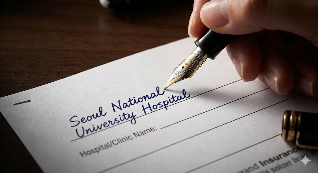 서류에 만년필로 꼼꼼하게 병원 이름을 자필로 적고 있는 손 이미지