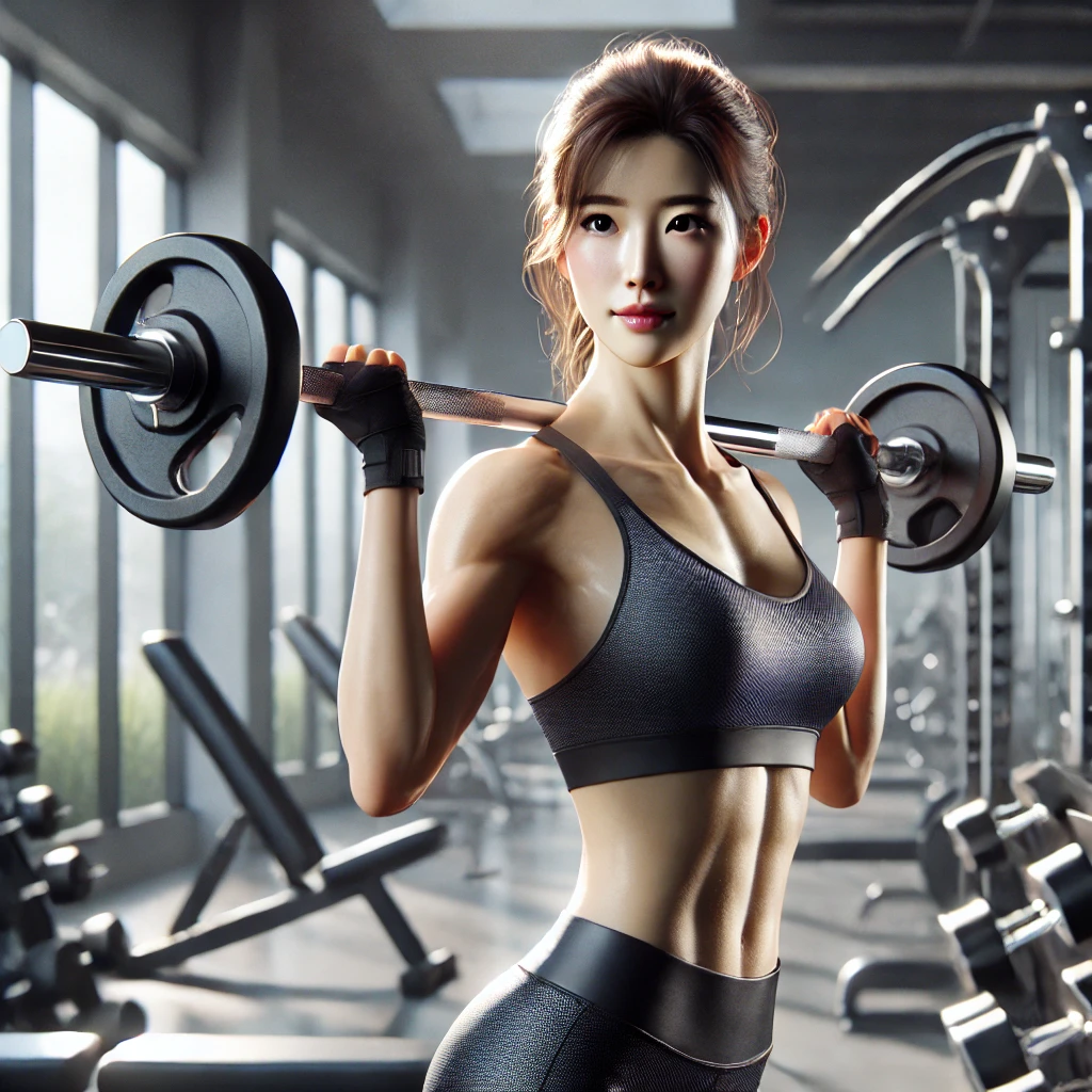 바벨컬을 하며 이두근을 단련하는 한국 여성, 피트니스 운동, 근육 강조, 헬스장 트레이닝