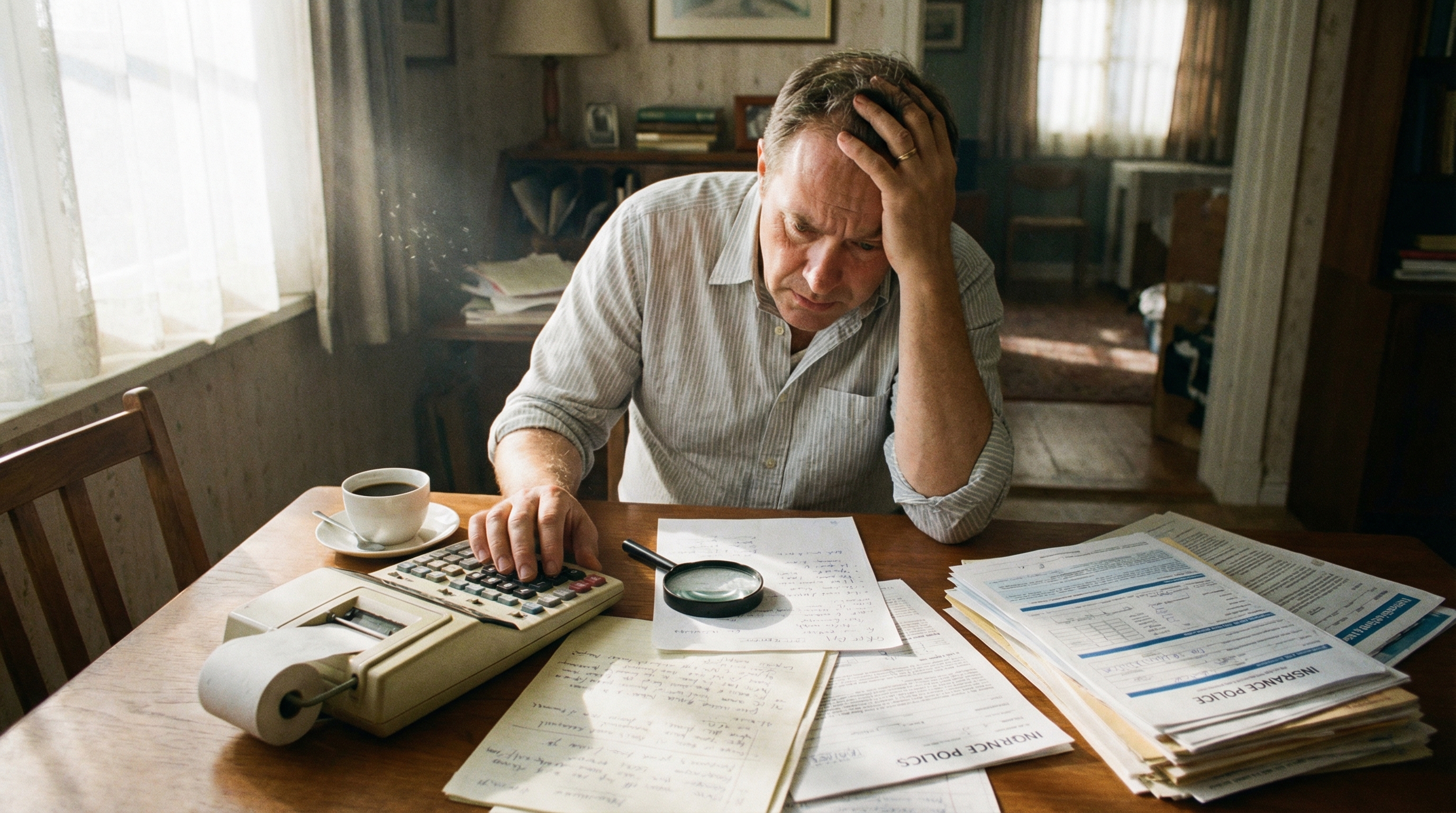 계산기와 보험 증권을 펼쳐놓고 보험료를 줄이기 위해 고민하며 분석하는 모습