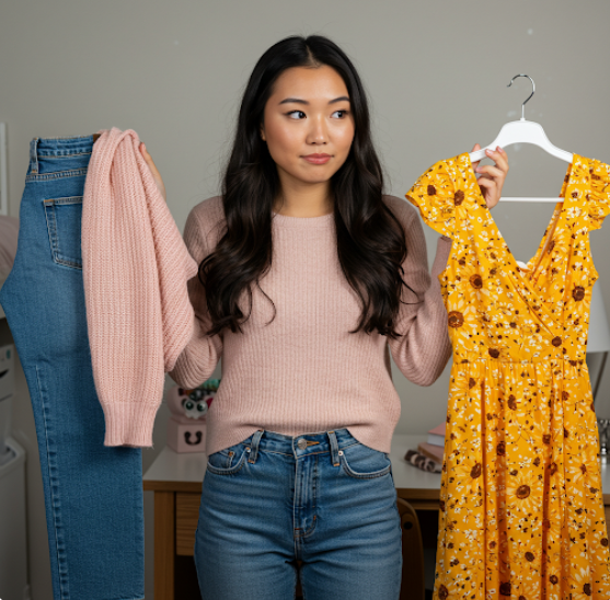 캐주얼룩과 원피스룩의 옷을 비교하는 여대생